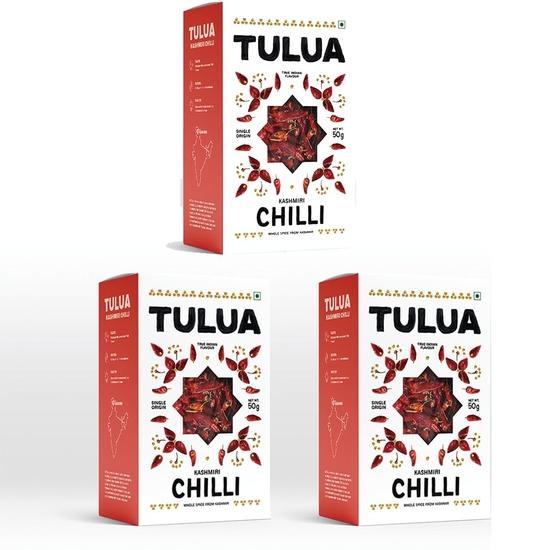 Tulua Kašmírské chilli celé (Červené chilli) - 50 g Každé Balení po 3 | Přírodní Laal Mirch | Na slunci sušené a pečlivě balené Celé červené kašmírské chilli