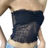 FASHION Women Black Floral Mesh Tube Tops Cute Bow Lace Frills Ruched Bust Crop Tops Fairy Y2K Vintage Strapless Camis Women Backless Vest
