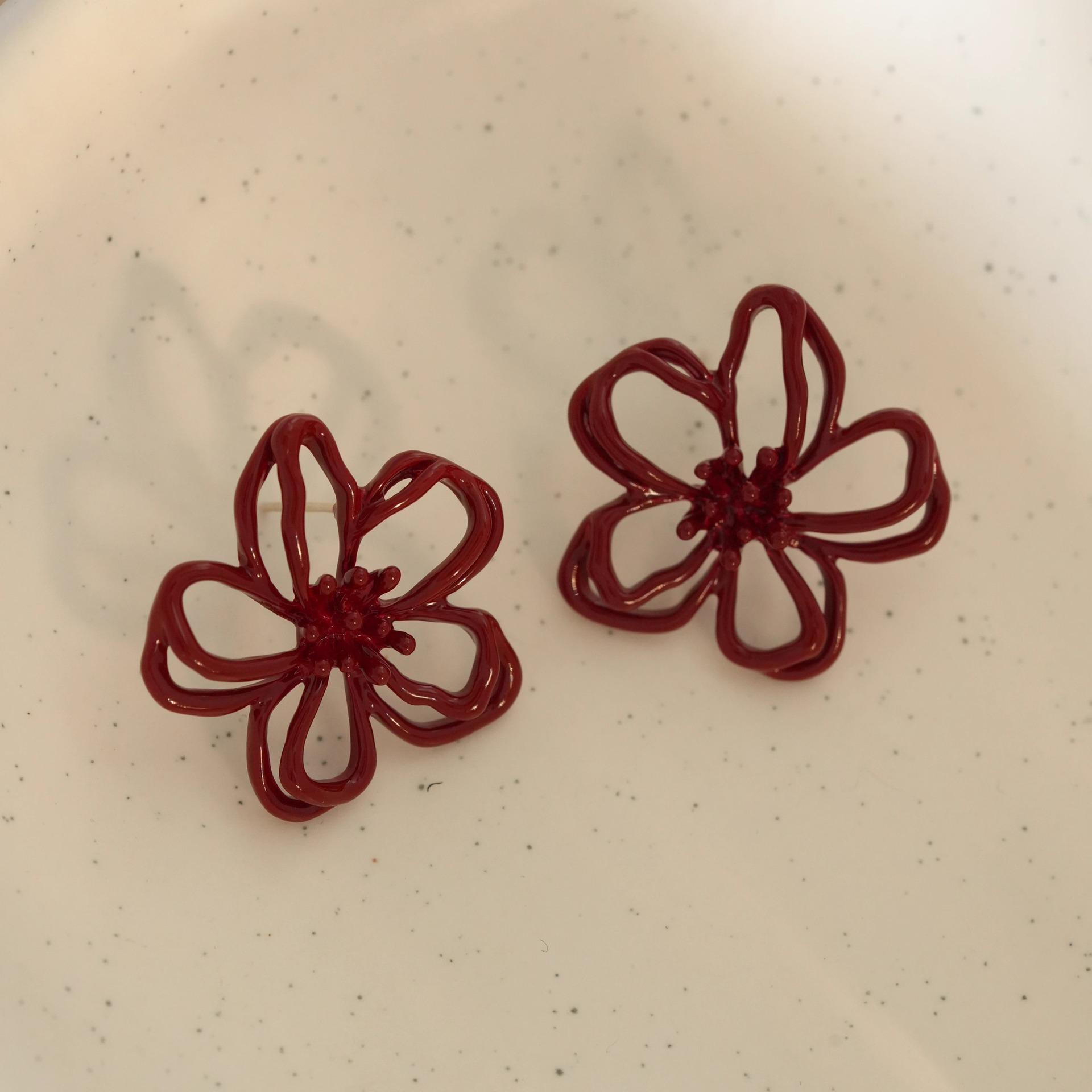 Angora Red Hollow Flower Silver Needle Earrings - Elegant & Versatile Fashion Studs for Women