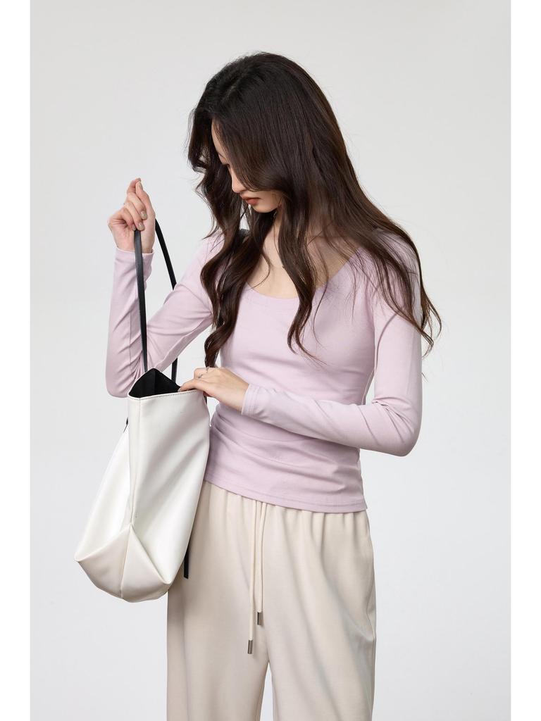 Damen gekämmte Baumwolle U-Ausschnitt Langarm Slim-Fit T-Shirt - Herbstmode, vielseitiges einfarbiges Oberteil