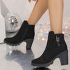 Large size leather boots autumn and winter new high-heeled short Martin boots thick heel pendant round head fashion boots