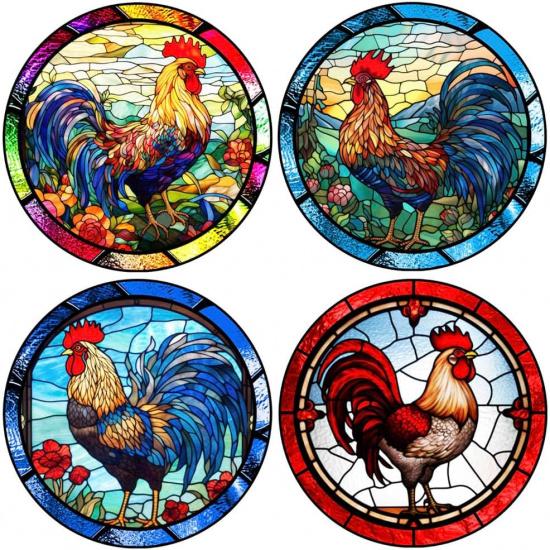4 Sheets Round Anti-Collision Window Clings,Birds Alert Collision Window Decals Rooster Pattern Static Deterrent Decal Prevent Bird Strikes on Doors Rooster