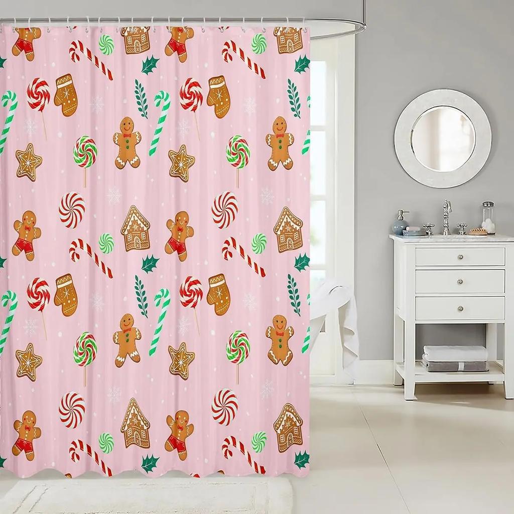 Merry Pink Christmas Shower Curtain,Cartoon Gingerbread Man Bathroom Curtain,Snowflakes Candy Fabric Shower Curtains,Happy New