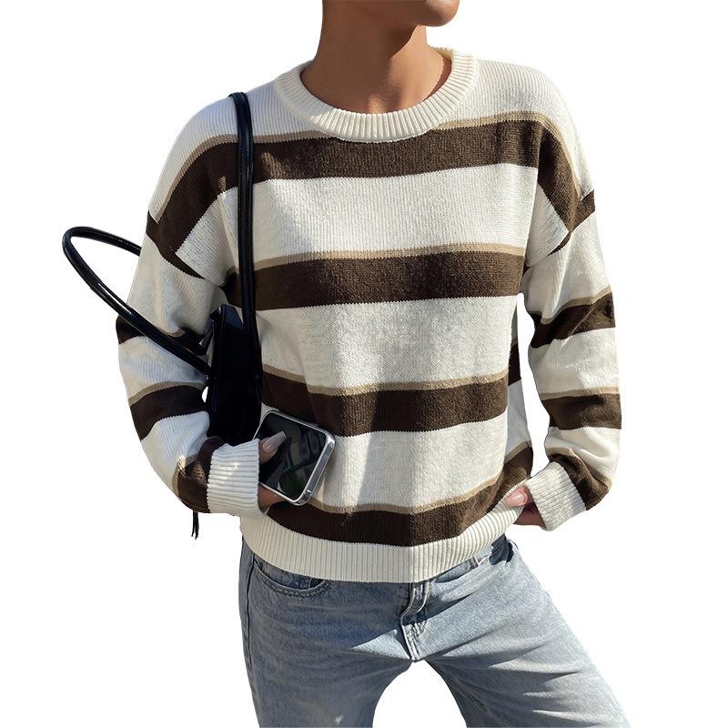 Europe, America 2026 Autumn and Winter New American Retro Style Knitted Sweater Loose Shoulder Long Sleeve Crew Neck Striped Sweater