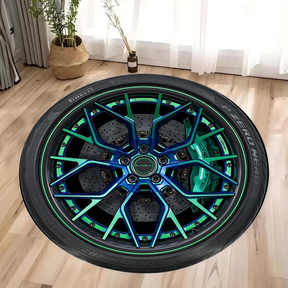 Autofelge Goldakzent Design Teppichmatte Anti-Rutsch Gummirückseite Teppich Metallisches Finish für Garage Heimdekoration Sportlicher Stil