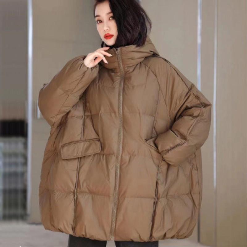 Women's Autumn and Winter Korean Version Loose Mid Length Hooded Jacket Solid Color Temperament Commuting Down Jacket