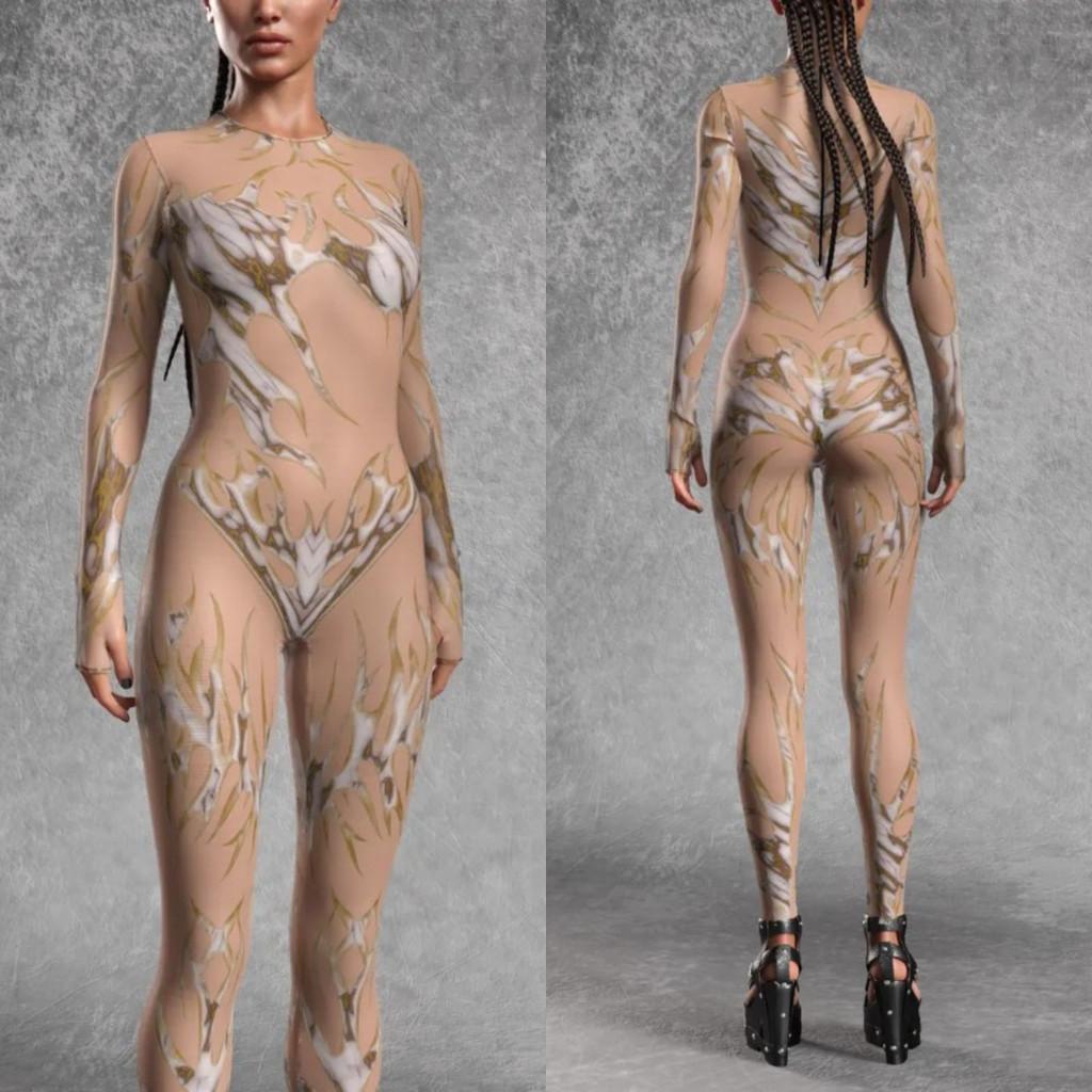 Damen Hautkörper Bemalte Sexy Strumpfhosen Erwachsene 3D Digitales Feuerdruck Halloween Party Tanz Verkleidung Outfit Jumpsuit