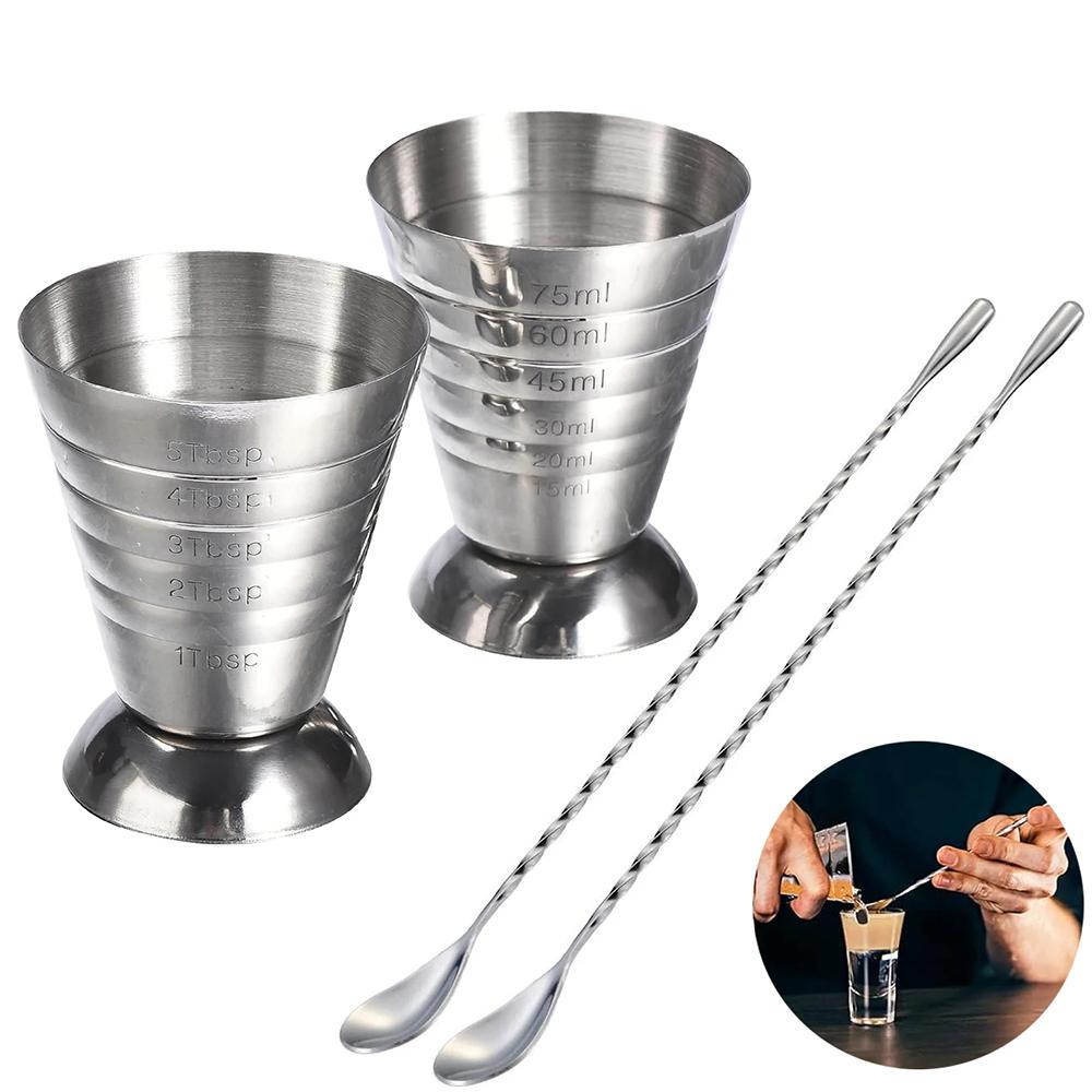 Stainless Steel Measuring Cup with Mixing Spoon Cocktail Jigger Measuring 2.5 Oz /5 Tbsp /75 Ml Liquor Shot Set Bar Accessories