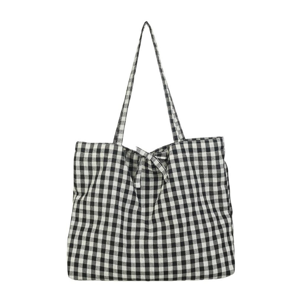 Trendy Polyester Plaid Tote Bags Bow Tie Design Lightweight Bow Shoulder Bag Large Capacity Shopping Bag Daily Use