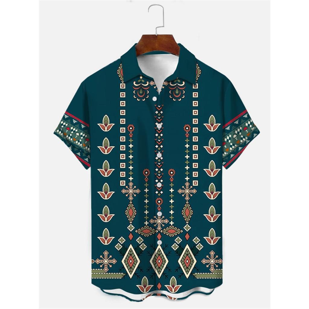 Men's Shirt Art Pattern Print Casual Shirt Short Sleeve Oversized Top Summer Vintage Flower Pattern Beach Y2k Fashion Clothing