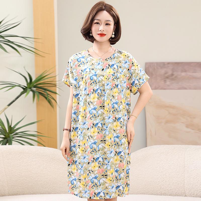 Women's Floral Print Cotton Silk Knee-Length Dress - Plus Size, Short Sleeve, Lightweight & Loose for Middle-Aged & Elderly