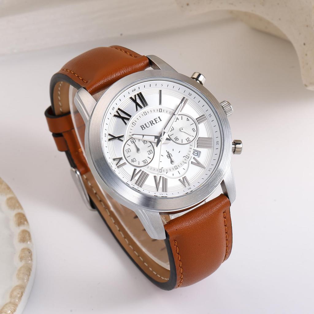 BUREI Analog Quartz Watch with Date Roman Brown Leather Business Day Gift Men's Display, Waterproof, Easy-to-Read Chronograph, Numerals, Strap,
