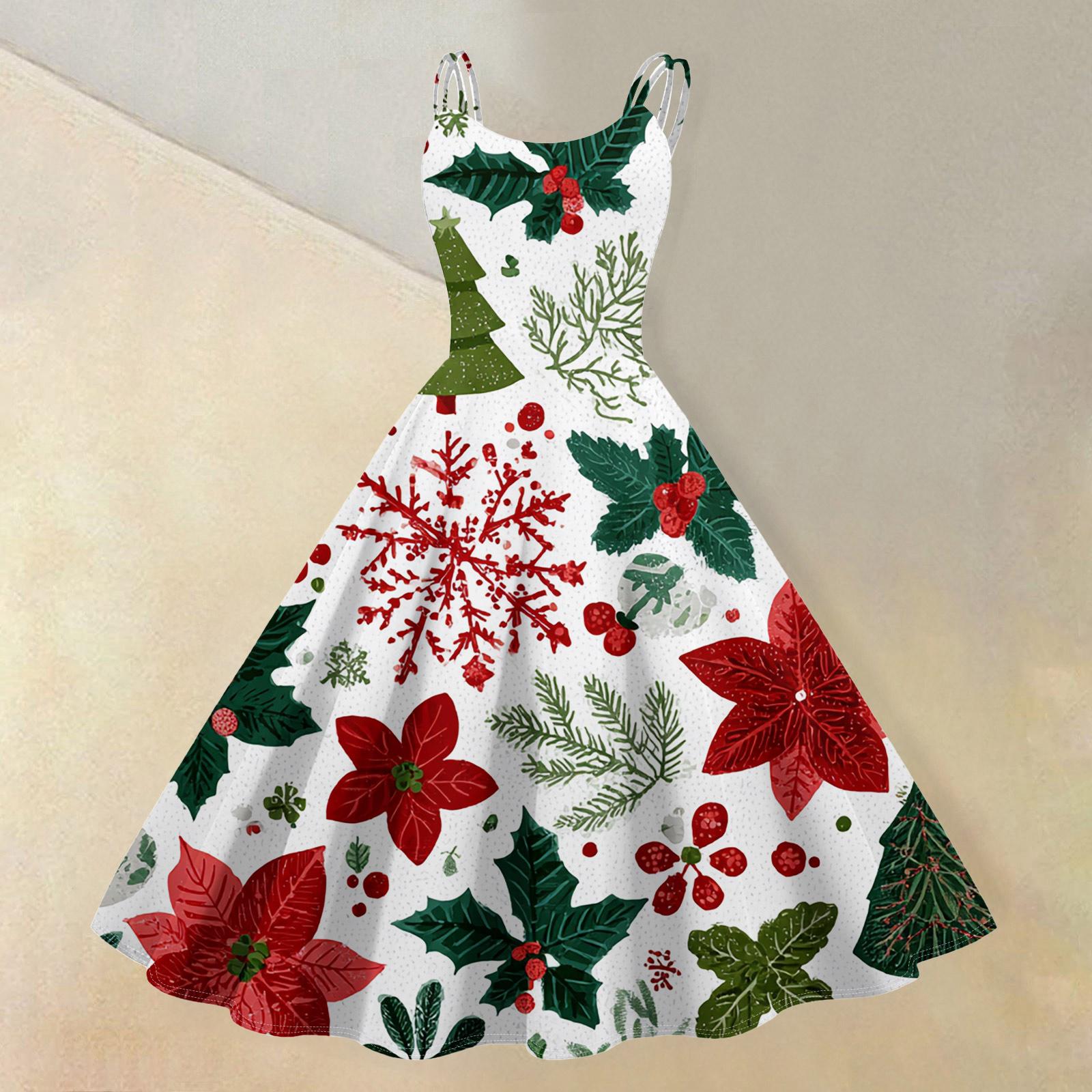 

(Merry Christmas) Women s Casual Fashion Christmas Snowflake/Christmas Tree/Snowman Print Round Neck Retro Dress S