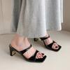 Fashion Fashion Chunky Heel Sandals Summer New Square Head Open-toe Line with Anti-slip Wear-resistant Mid-heel Slippers