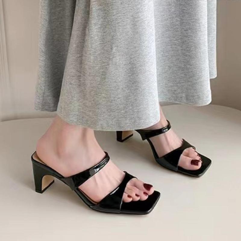 Fashion Fashion Chunky Heel Sandals Summer New Square Head Open-toe Line with Anti-slip Wear-resistant Mid-heel Slippers