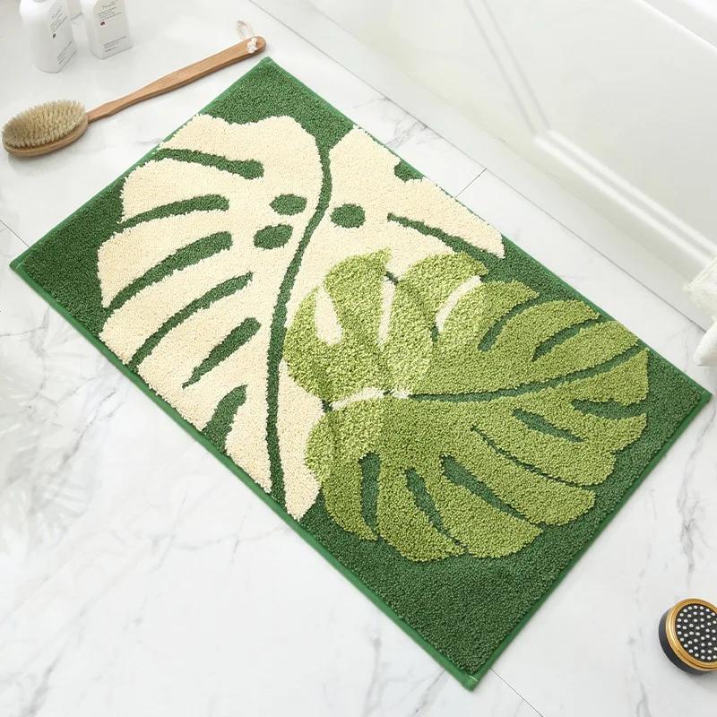 VIKAMA Leaf Green Cashmere Superfine Sand Super Soft Bathroom Mat Non-slip Absorbent Microfiber Bathroom Family Entrance Doormat 40cm x 60cm