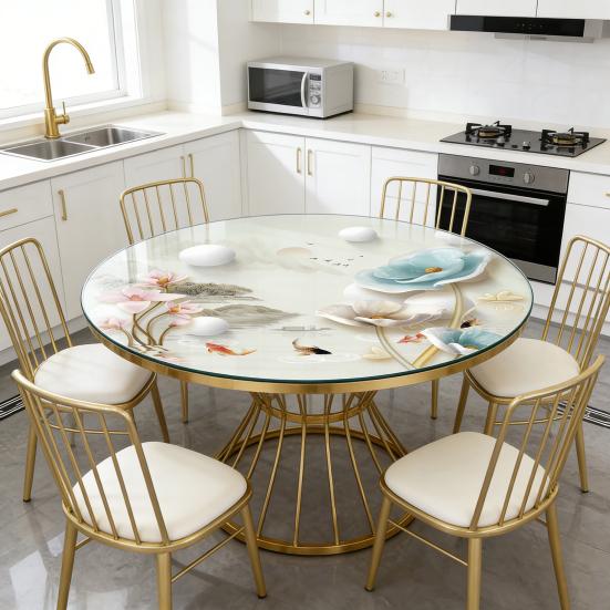 Wasserdichte Runde Tischdecke PVC Ölbeständige Tischabdeckung Blume Lotosblatt Fisch Tischdecke Tischschutz für Esszimmer Terrasse Picknick Party Innen Außen