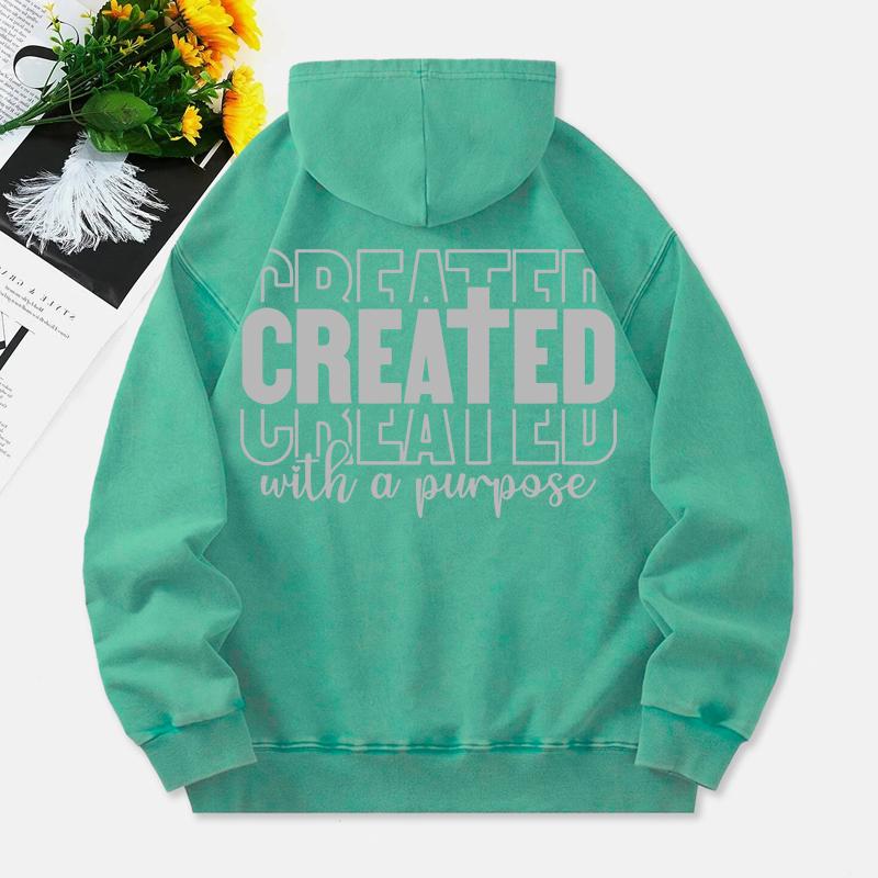 Created With A Purpose Washed Hoodies Women Letter Prints Cotton Streetwears Pocket Oversize Warm Hooded Clothes