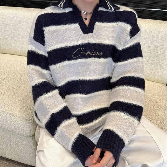 Men s Korean-Style Striped V-Neck Knit Sweater - Winter Loose Fit Versatile Top L темно-синий