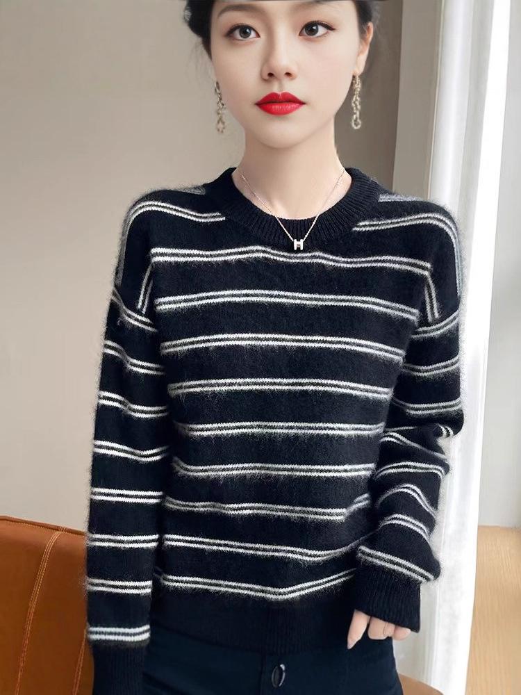 Trendy Korean Style Striped Crew Neck Pullover Cardigan Sweater
