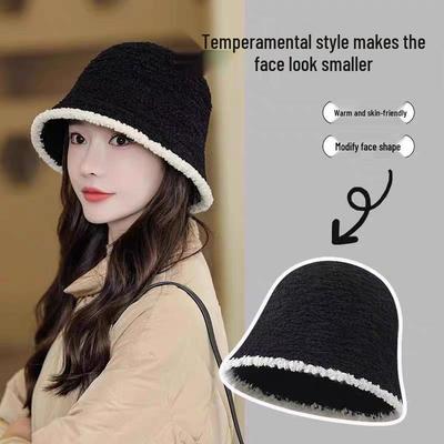 Korean & Japanese Style Lamb's Wool Knitted Bucket Hat - Solid Color, Color Block, Sweet, Warm, Autumn/Winter Fashion.