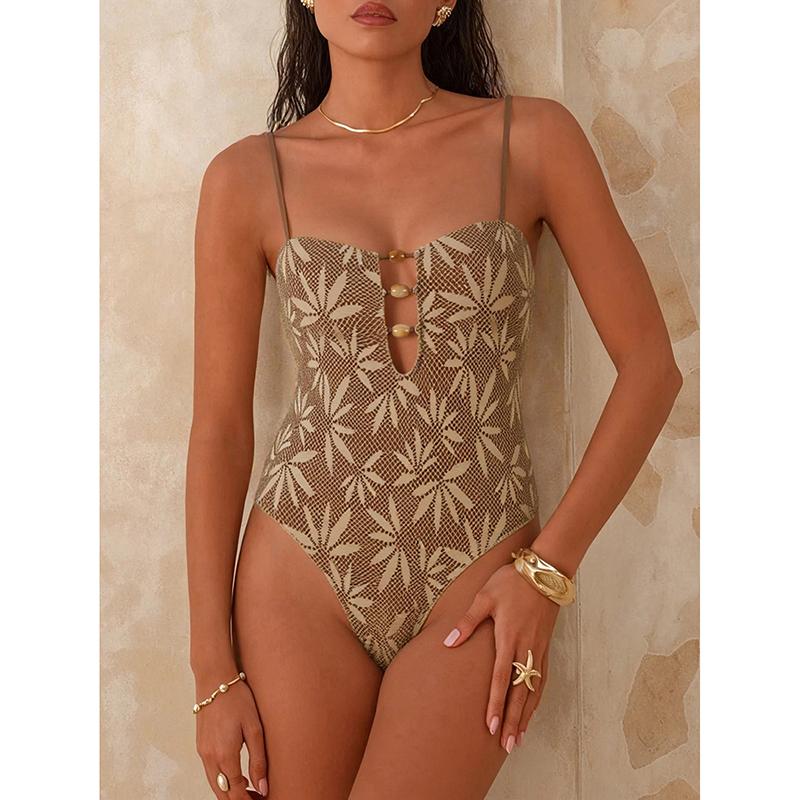 Bañador de una pieza con estampado de hojas, con tiras de cuentas caladas, estilo bohemio, control de abdomen con malla, bañador para mujer