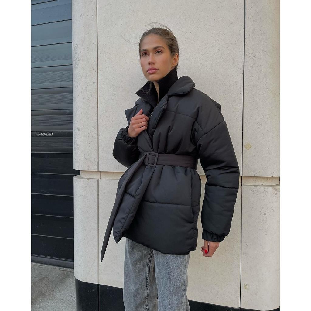 Winter New Thickened Lapel Waist-Tight Cotton Coat Women Slim Fit Solid Color Warm Padded Jacket Outerwear