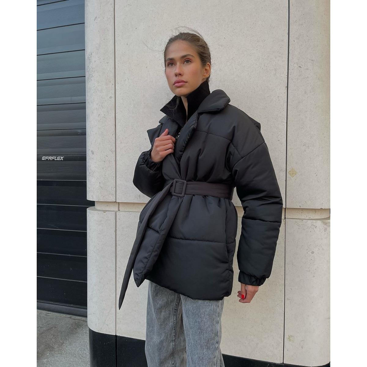 

Winter New Thickened Lapel Waist-Tight Cotton Coat Women Slim Fit Solid Color Warm Padded Jacket Outerwear XL чорний