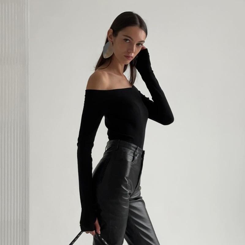 European and American style autumn basic simple solid color one-word collar off-the-shoulder bottom T-shirt new temperament top