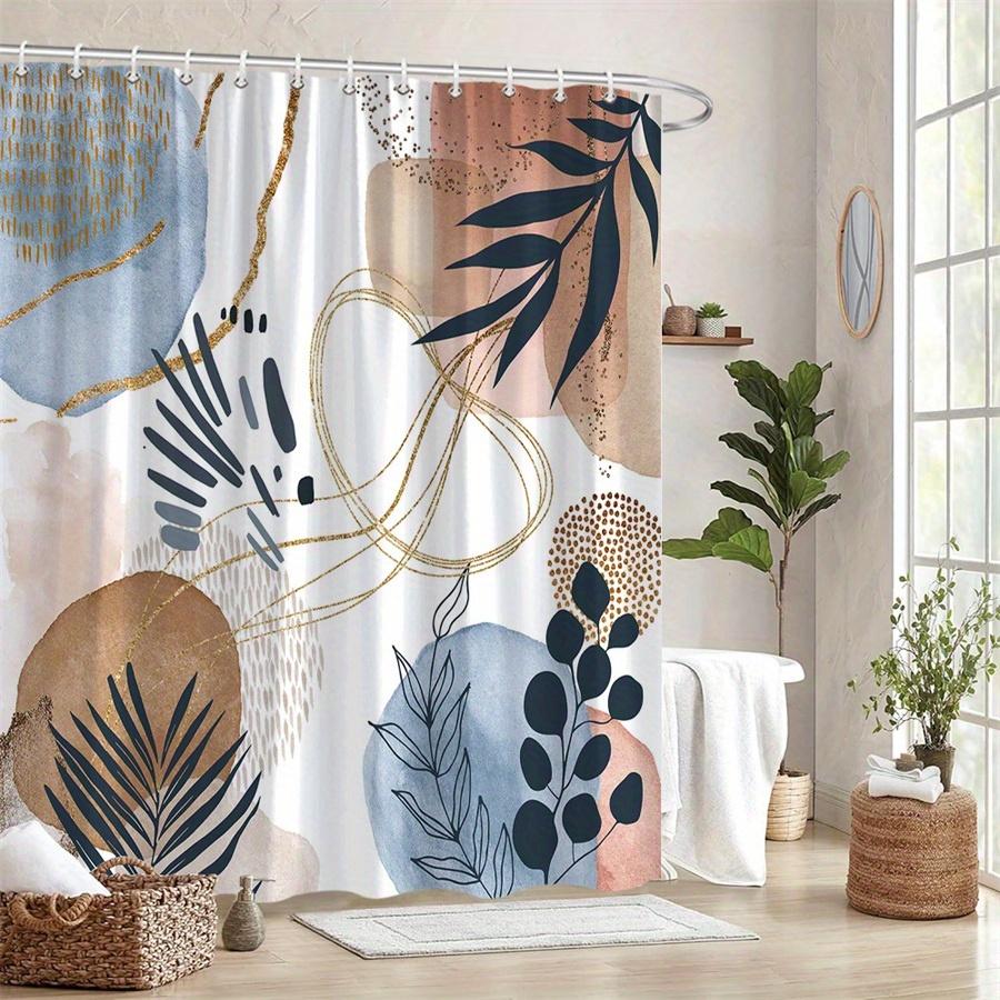 1Pc Abstract Geometric And Nature Style Shower Curtain, Machine Washable Polyester With Hooks For Bathroom Decoration