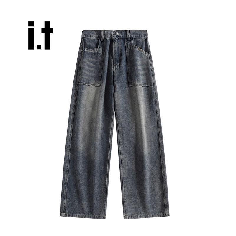 Izzue American Retro Washed Loose Wide-Leg Denim Jeans