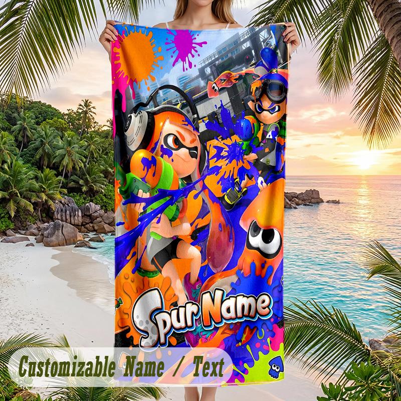 Splatoon Beach Towel, Personalized Custom Text, Quick Dry Soft Large Towel For Swimming Pool Travel