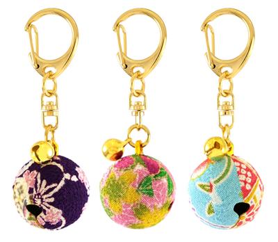 Hana Chirimen Glocke (25 mm und 8 mm Durchmesser) Japanisches Muster Chirimen Schlüsselanhänger, Große Größe (3er Set (Lila, Rosa, Hellblau))