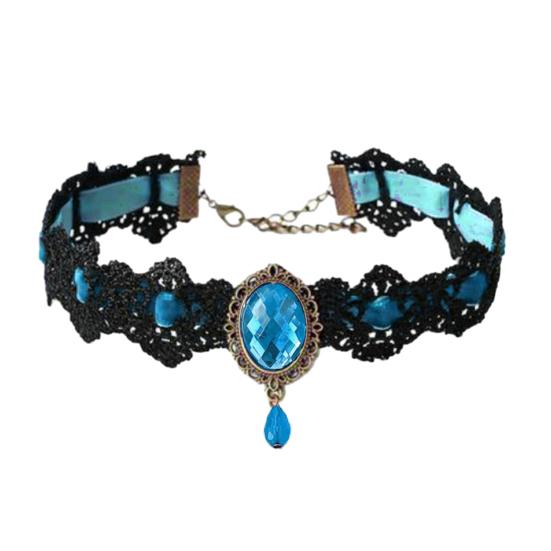 Vintage krajkový náhrdelník Gotický choker s oválným umělým drahokamem Dámský krajkový choker pro Cosplay Denní nošení Kostýmové večírky