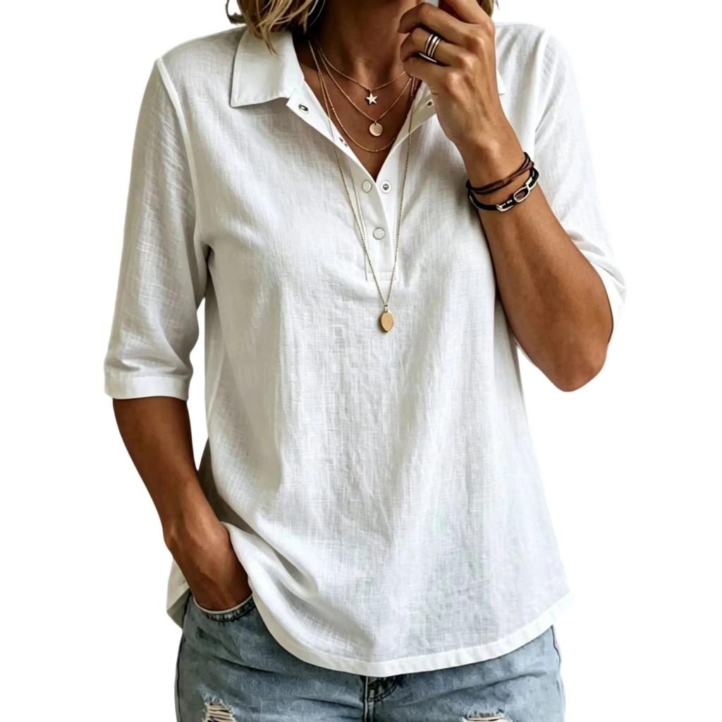 Women Casual Half Sleeve Shirt Lightweight Buttoned Polo Collar Top Relaxed Fit Tunic Blouse for Everyday Wear