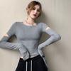 Autumn Spring Women's Knit Cropped Top Skinny Blouse Asymmetrical Collar T-Shirt Girls Stylish Cutout Long Sleeve Knitted Casual Tops Tee