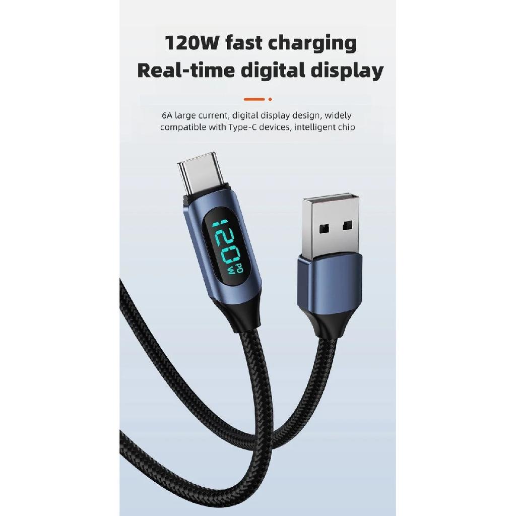 120W USB A To Type C LED Digital Display Fast Charging Data Cable Nylon Braided USB Charge Cord Type C To Type C PD 6A USB Cord