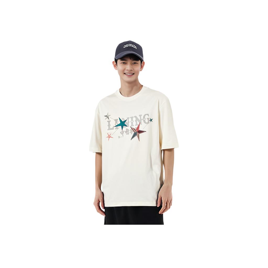 Li-Ning Star Print Casual Crew Neck T-Shirt Men Tops Off-White AHSU265-1