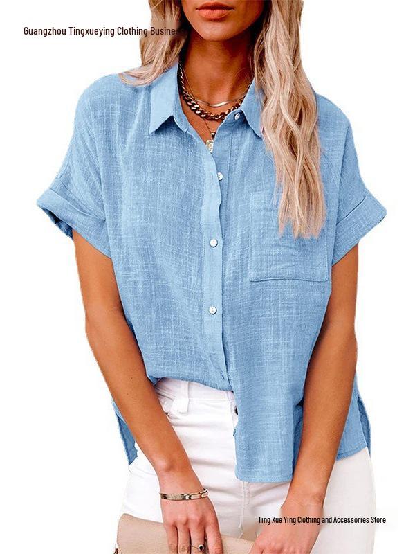 Women's Solid Color Short-Sleeve Cotton Casual Loose Shirt