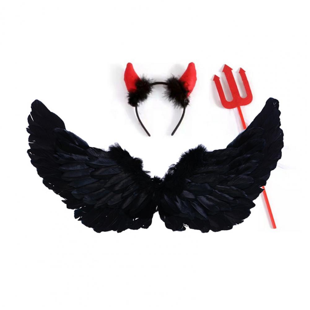 1 Set Cosplay Wings Set Feathered Angel Black Witch Wings Set With Headband Wand Halloween Role-playing Kids Angel Wings Outfit