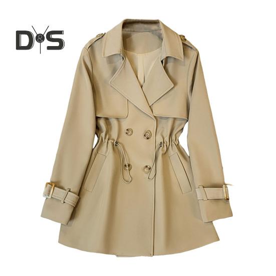 Winter Women Jacket Long Sleeves Elastic Drawstring Waist Pockets Windbreaker Double-breasted Coat Mid Length Windproof Warm Coat