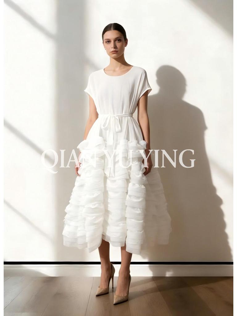 Elegant French Ruffle Waist-Cinching Patchwork Pleated Cake Skirt with Lace-Up Detail