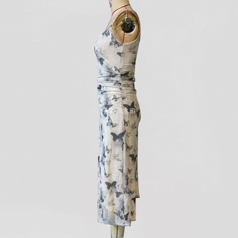 Women's Summer Tea Break Cool Ink Style Butterfly Print Halter Dress