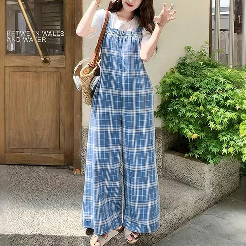 

ZANZEA Womens Casual Square Collar Grid Print Loose Sleeveless Jumpsuits Overalls M светло-синий