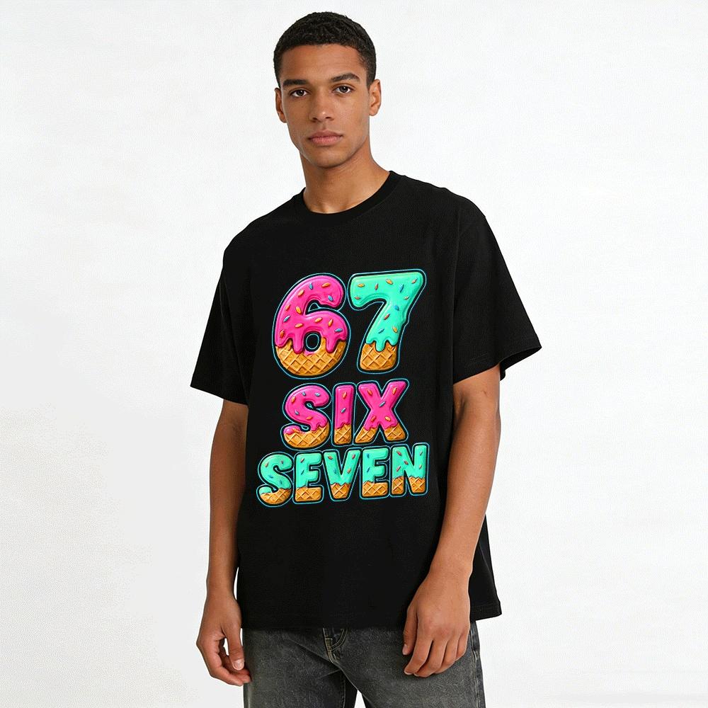 Sweet Dessert Style Number 67 Print Casual T-Shirt For All Ages Pure cotton T-shirt
