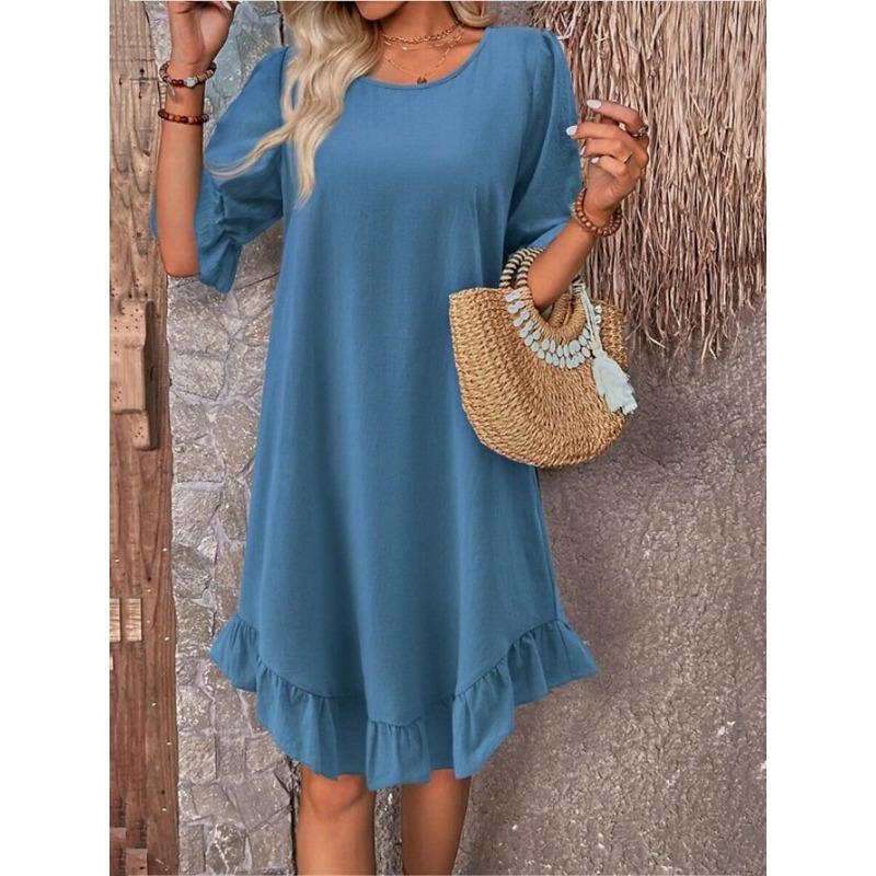 Frühling Sommer Retro Rundhals Kurzarm Damenkleid Mode Elegnt Einfarbig Locker A-Linie Partykleider Lässig Schlicht Rüschen Bürokleidung