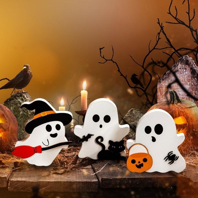 Set Of 3 Halloween Wood Specters Figures Ornament Table Signs for Tiered Tray and Shelf Decoration Desktop Adorment