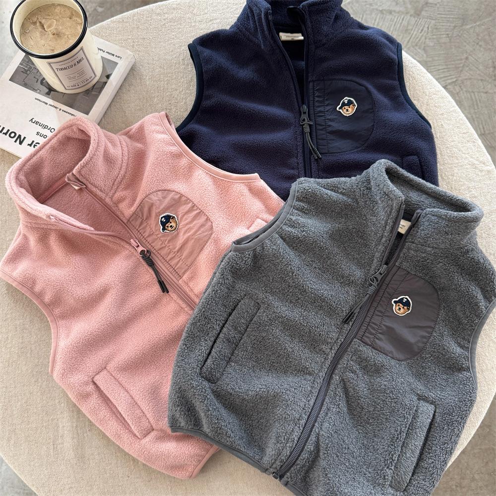 Kids Reversible Fleece Bear Vest for Boys Warm Sleeveless Jacket Autumn Winter