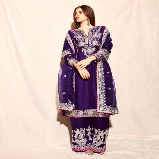 Royal Purple Thread Embroidered Straight Suit Set