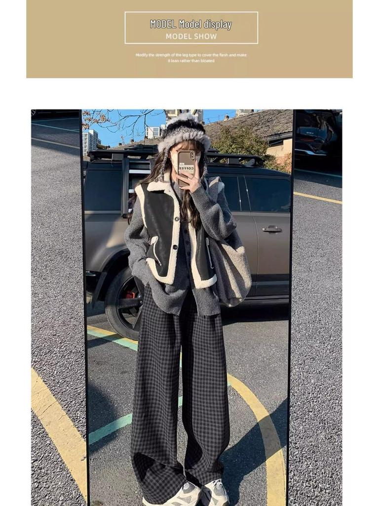 Women's High-Waisted Black and Gray Retro Plaid Wide-Leg Pants - Autumn/Winter 2024 Korean Style Slimming Casual Wear